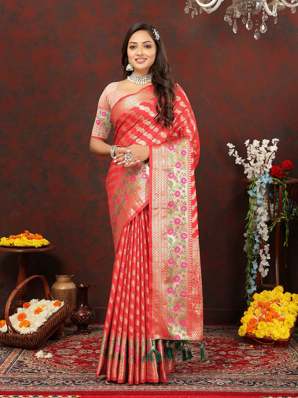 Lorenvalley Fashion Red Soft Silk Woven Design with Zari Weaving Leheriya Design Saree