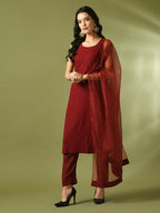 Myshka Women's Maroon Embroidered Cotton Straight Party Kurta Set With Dupatta