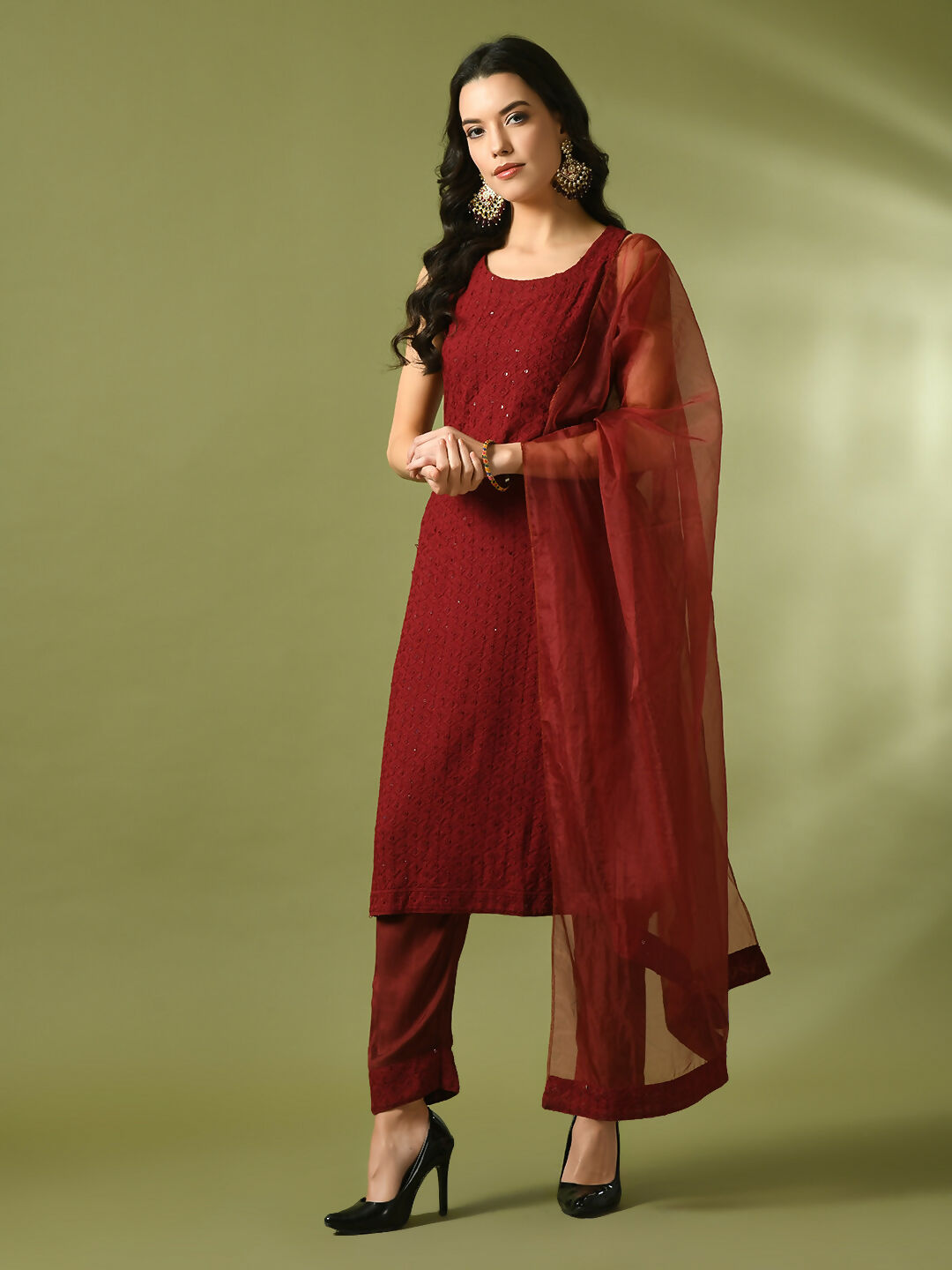 Myshka Women's Maroon Embroidered Cotton Straight Party Kurta Set With Dupatta