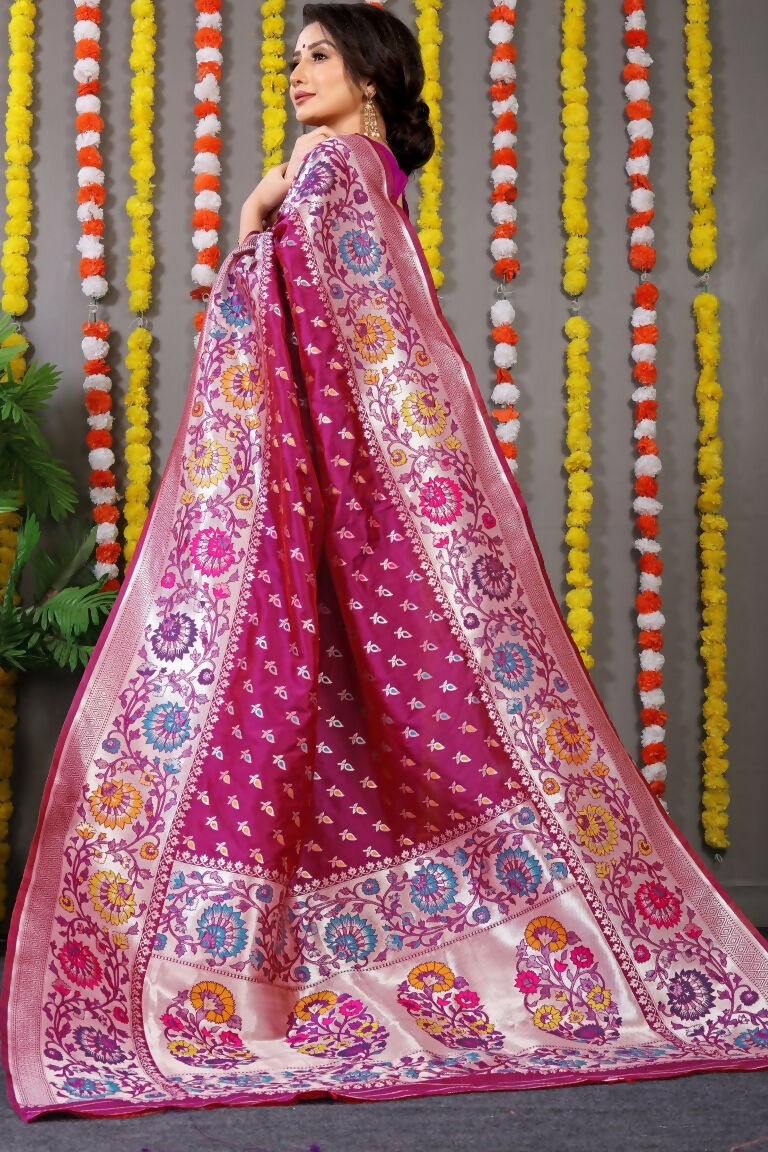 Jyoti Fashion Women's Magenta Banarasi Silk Zari Woven Saree with Blouse