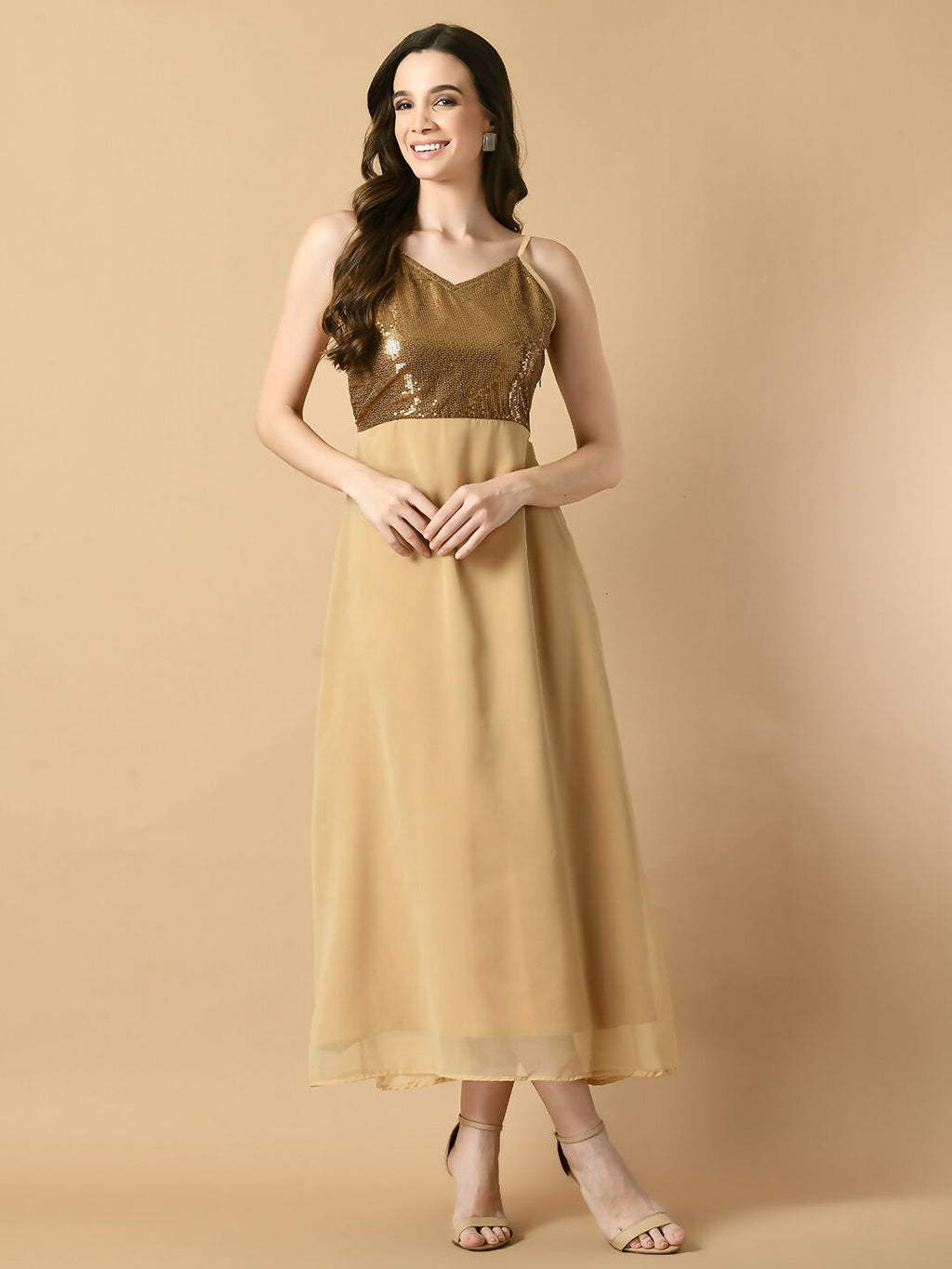 Myshka Women's Beige Solid Georgette Party Dress - Distacart