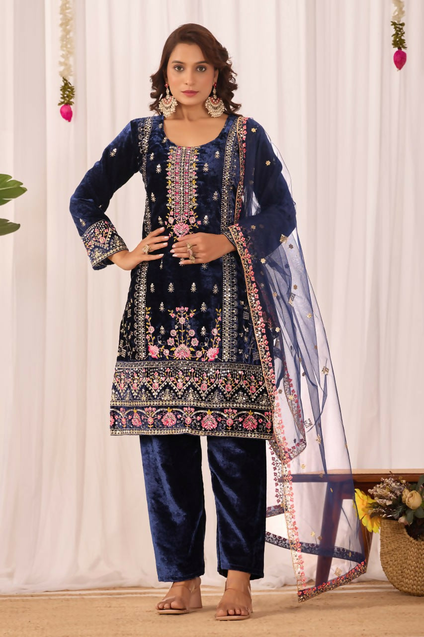 Joban Fashion Blue Velvet Embroidery Sequence Work Readymade Kurta Set - Distacart