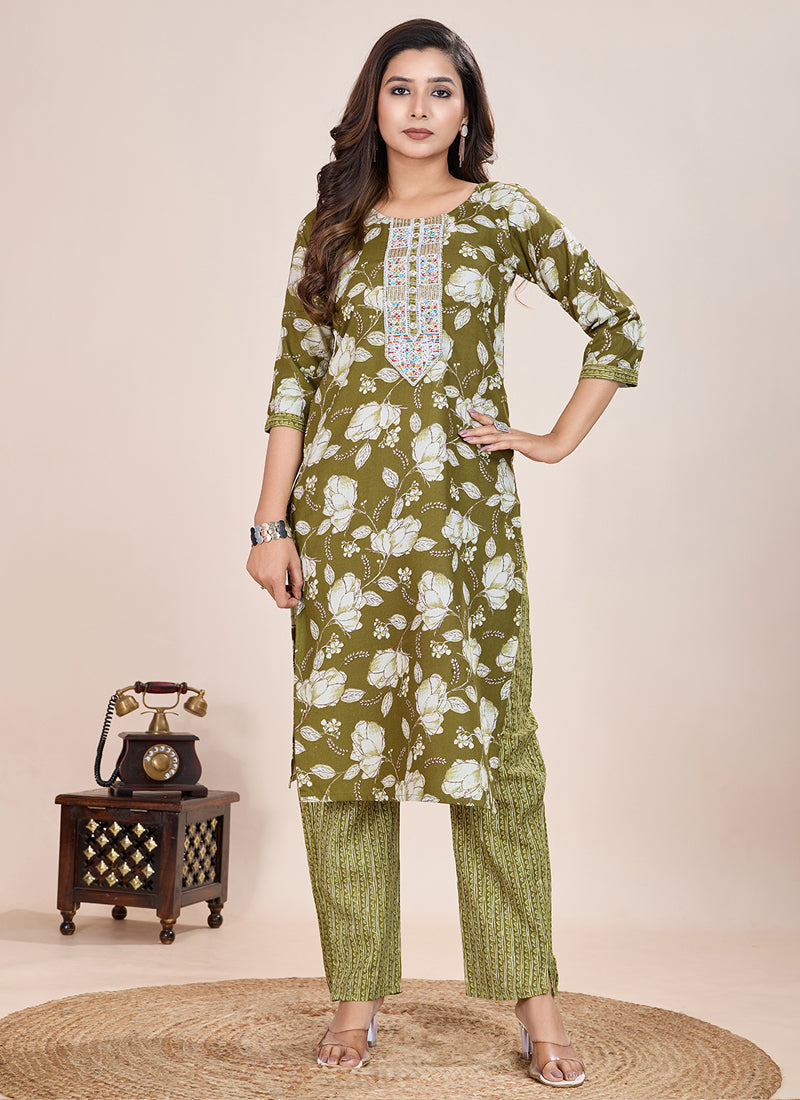 Prazu Fashion Mahendi Printed Cotton Blend Kurta Pant Set - Distacart