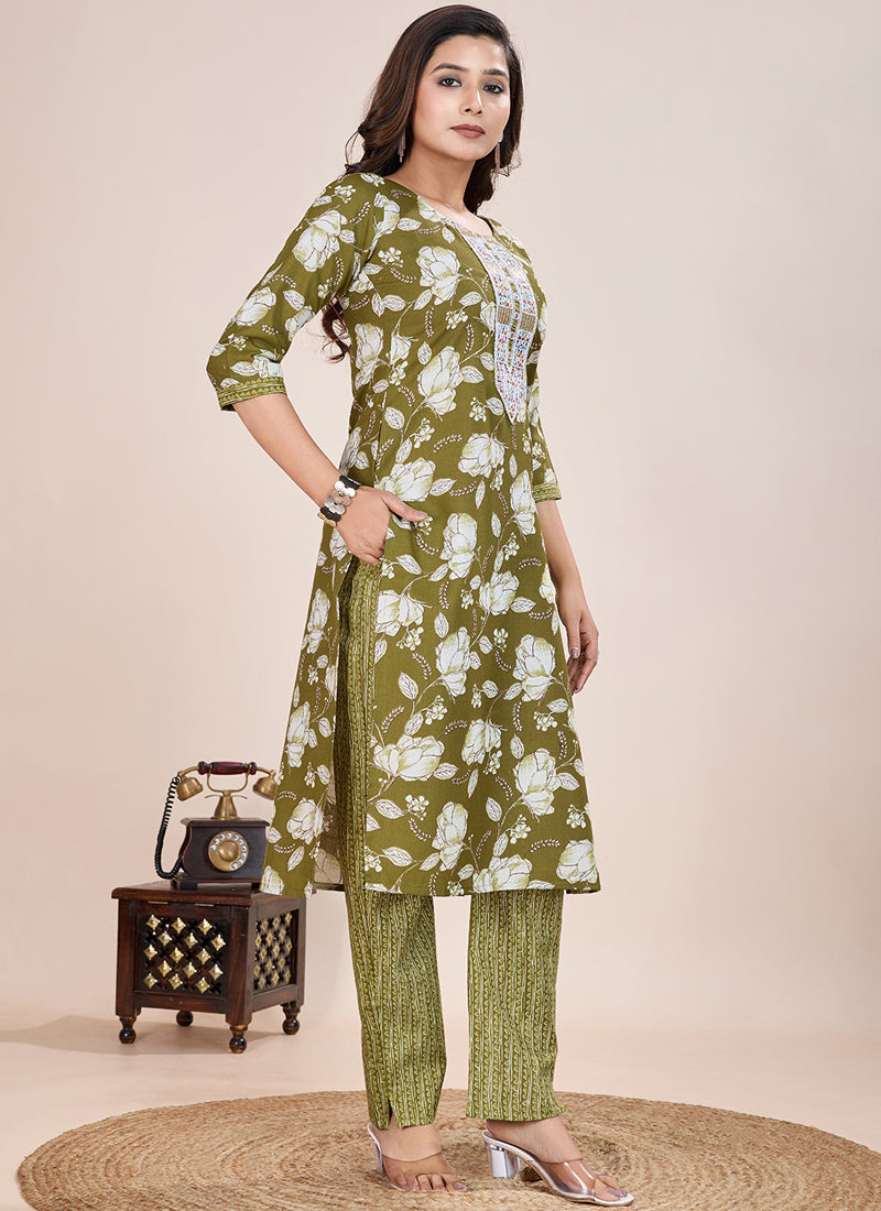 Prazu Fashion Mahendi Printed Cotton Blend Kurta Pant Set - Distacart