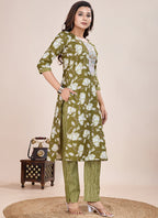 Prazu Fashion Mahendi Printed Cotton Blend Kurta Pant Set - Distacart