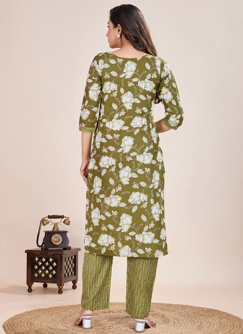 Prazu Fashion Mahendi Printed Cotton Blend Kurta Pant Set - Distacart