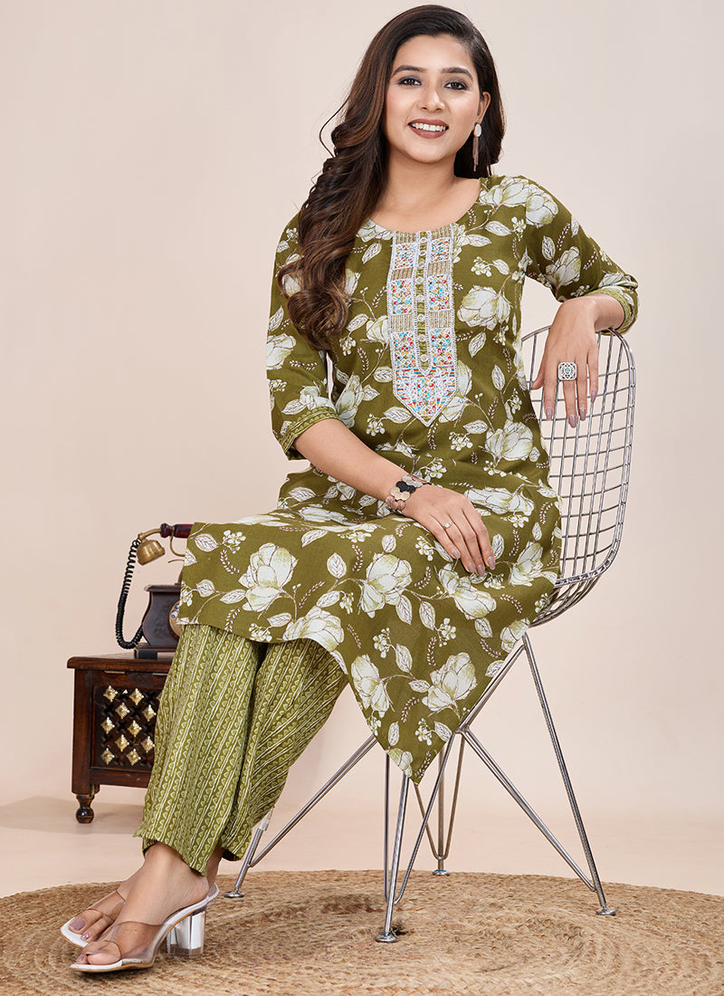 Prazu Fashion Mahendi Printed Cotton Blend Kurta Pant Set - Distacart
