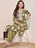 Prazu Fashion Mahendi Printed Cotton Blend Kurta Pant Set - Distacart