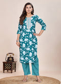 Prazu Fashion Turquoise Printed Cotton Blend Kurta Pant Set - Distacart