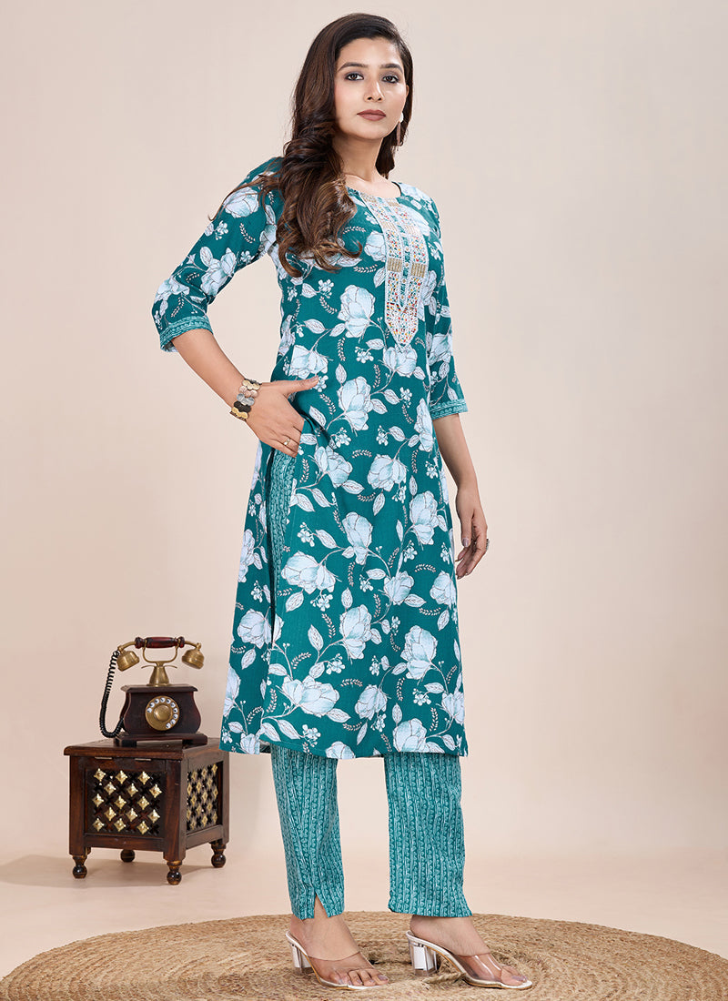 Prazu Fashion Turquoise Printed Cotton Blend Kurta Pant Set - Distacart