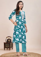 Prazu Fashion Turquoise Printed Cotton Blend Kurta Pant Set - Distacart