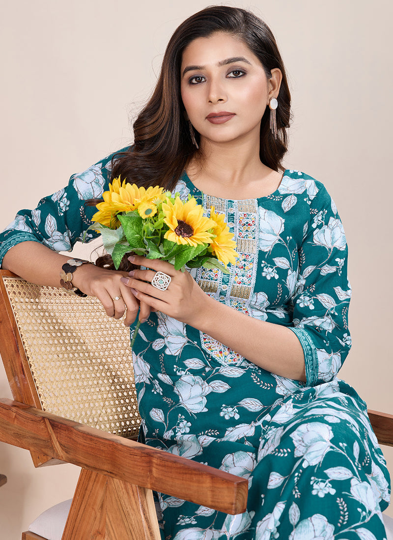 Prazu Fashion Turquoise Printed Cotton Blend Kurta Pant Set - Distacart