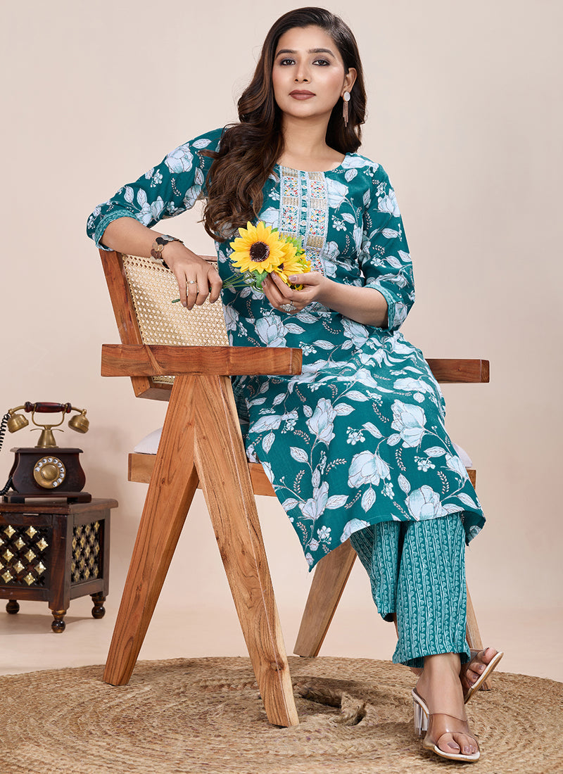 Prazu Fashion Turquoise Printed Cotton Blend Kurta Pant Set - Distacart