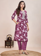 Prazu Fashion Wine Printed Cotton Blend Kurta Pant Set - Distacart