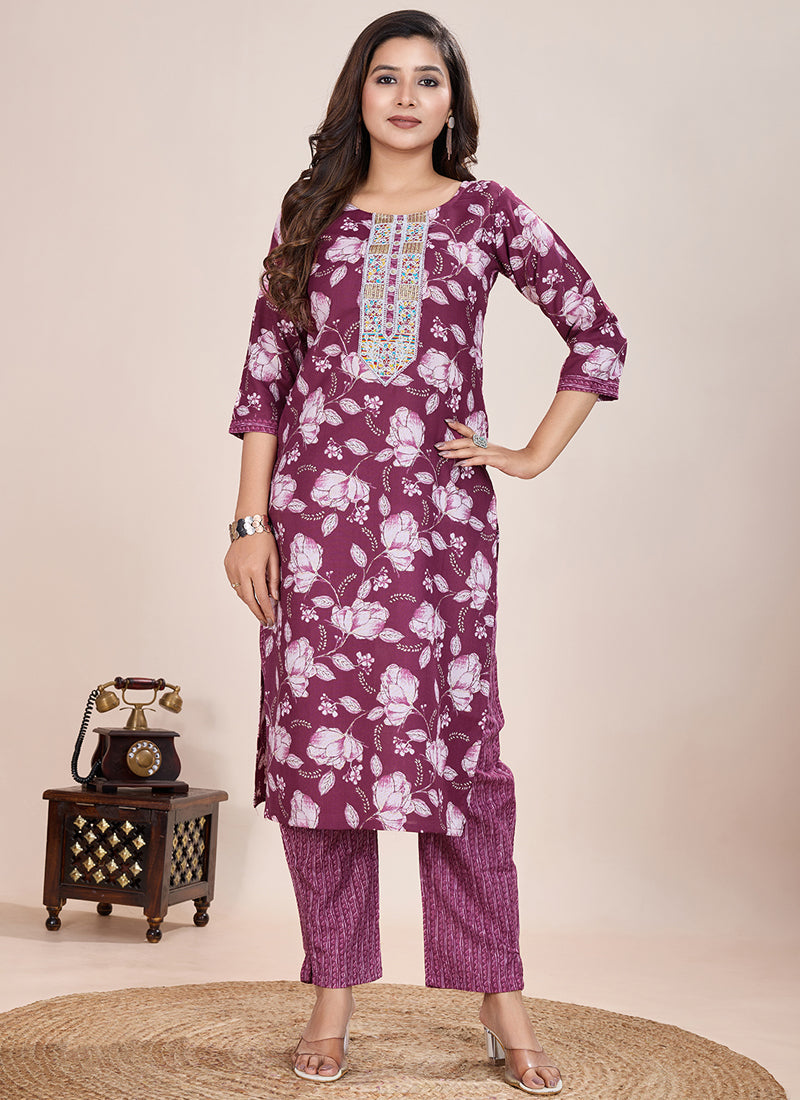 Prazu Fashion Wine Printed Cotton Blend Kurta Pant Set - Distacart
