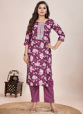 Prazu Fashion Wine Printed Cotton Blend Kurta Pant Set - Distacart