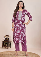 Prazu Fashion Wine Printed Cotton Blend Kurta Pant Set - Distacart