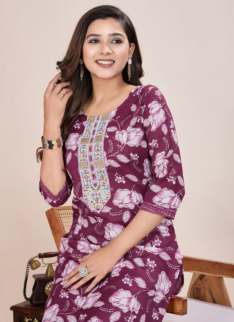 Prazu Fashion Wine Printed Cotton Blend Kurta Pant Set - Distacart