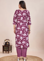 Prazu Fashion Wine Printed Cotton Blend Kurta Pant Set - Distacart