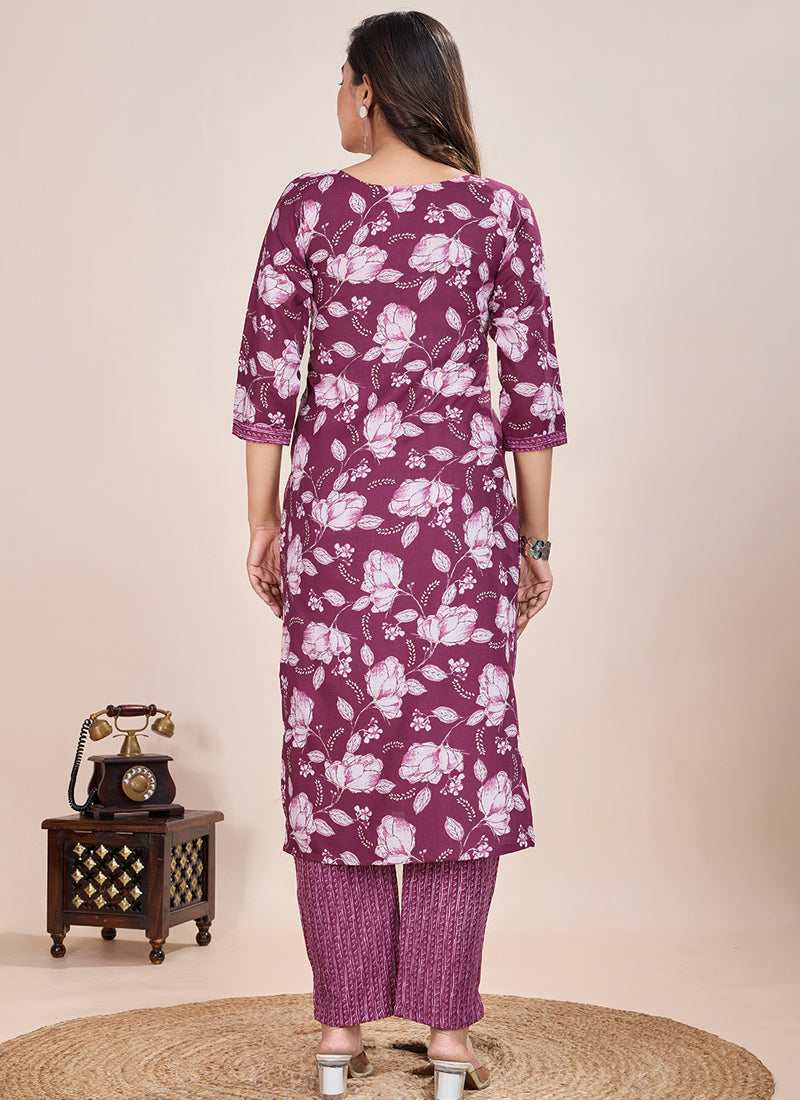 Prazu Fashion Wine Printed Cotton Blend Kurta Pant Set - Distacart