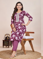 Prazu Fashion Wine Printed Cotton Blend Kurta Pant Set - Distacart