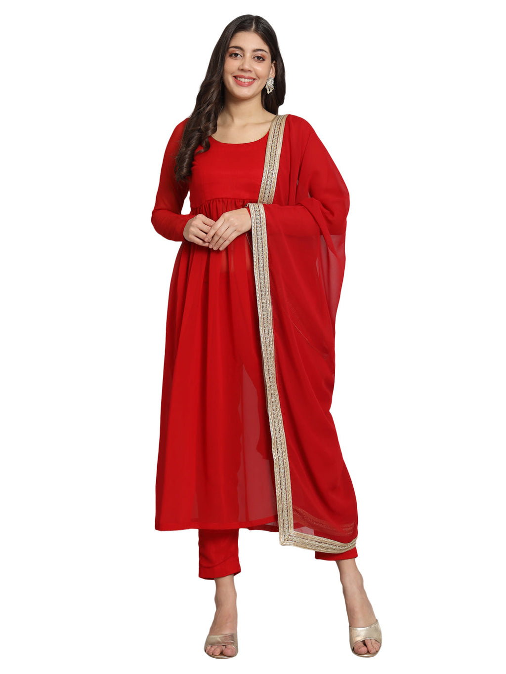 Fab Fashion Cherry Red Georgette Side Slit Set
