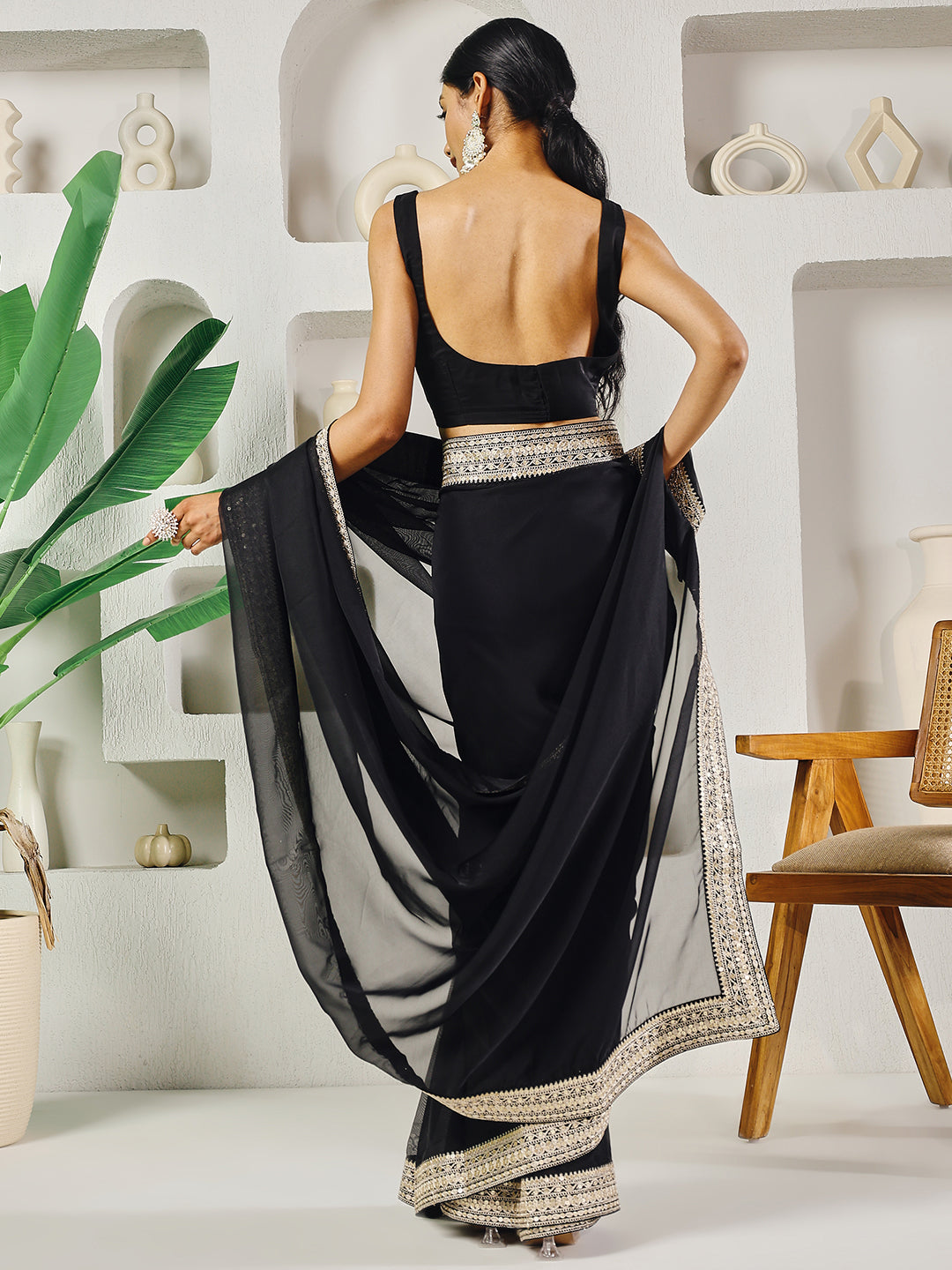 Fab Fashion Black Solid Ready to Wear Saree With Blouse