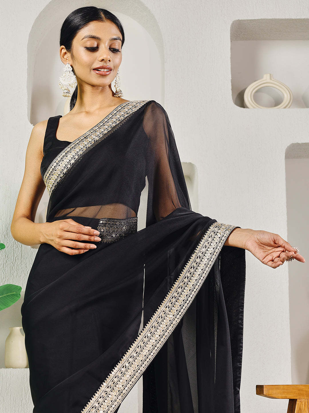 Fab Fashion Black Solid Ready to Wear Saree With Blouse