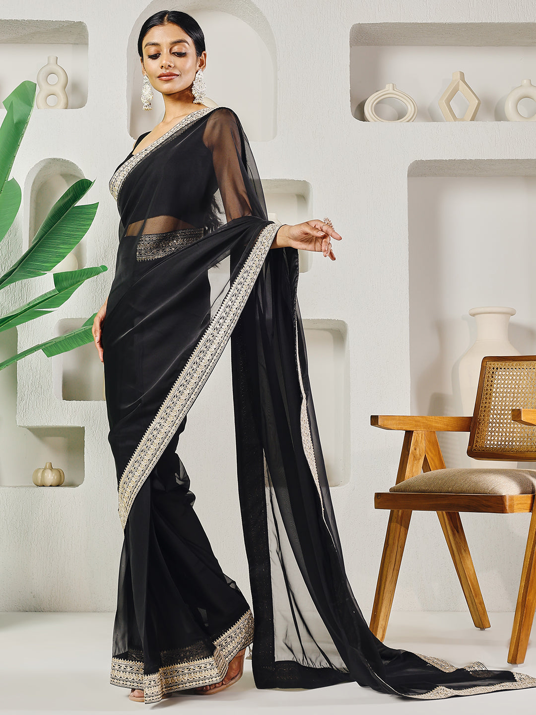 Fab Fashion Black Solid Ready to Wear Saree With Blouse