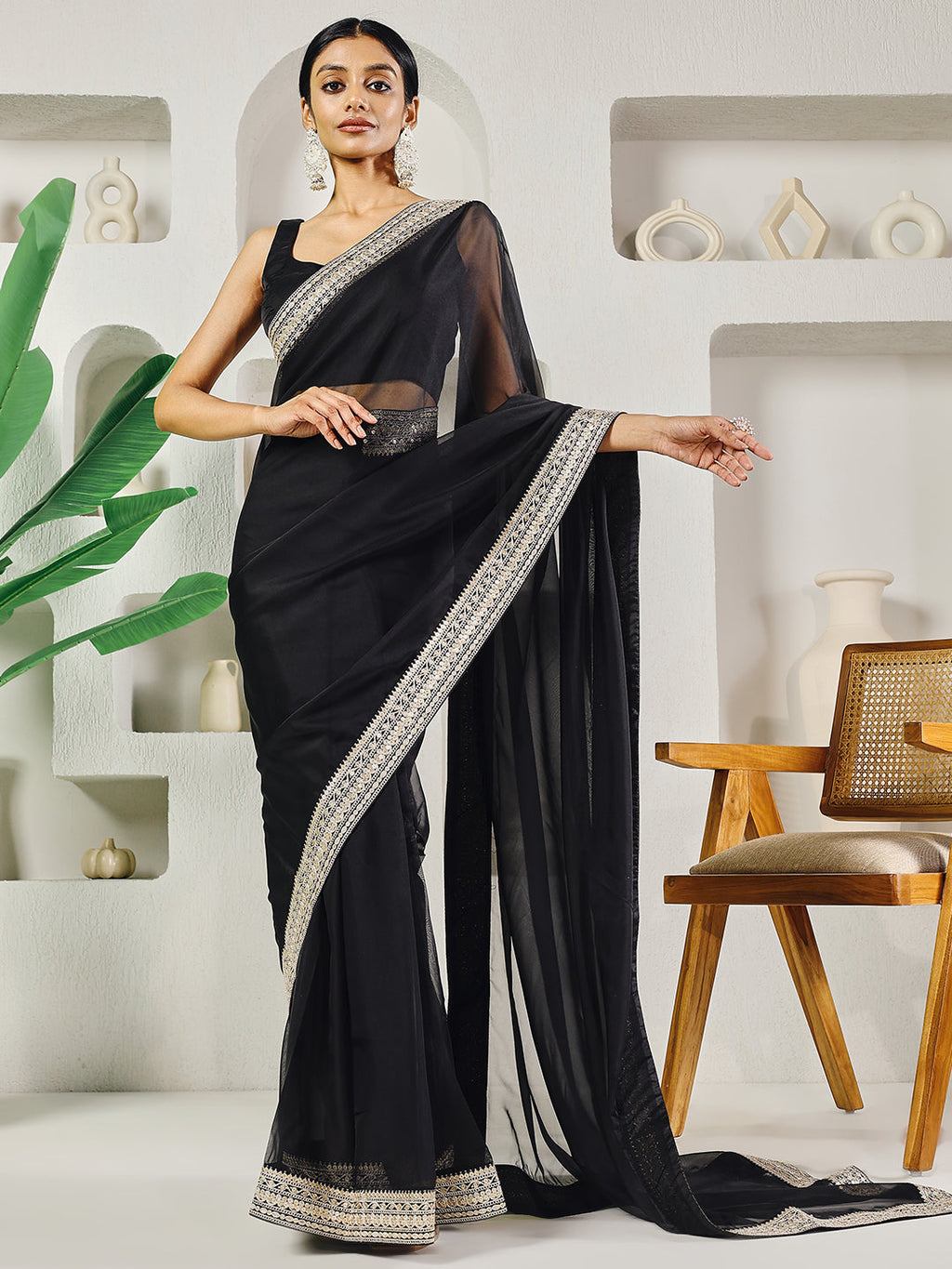 Fab Fashion Black Solid Ready to Wear Saree With Blouse