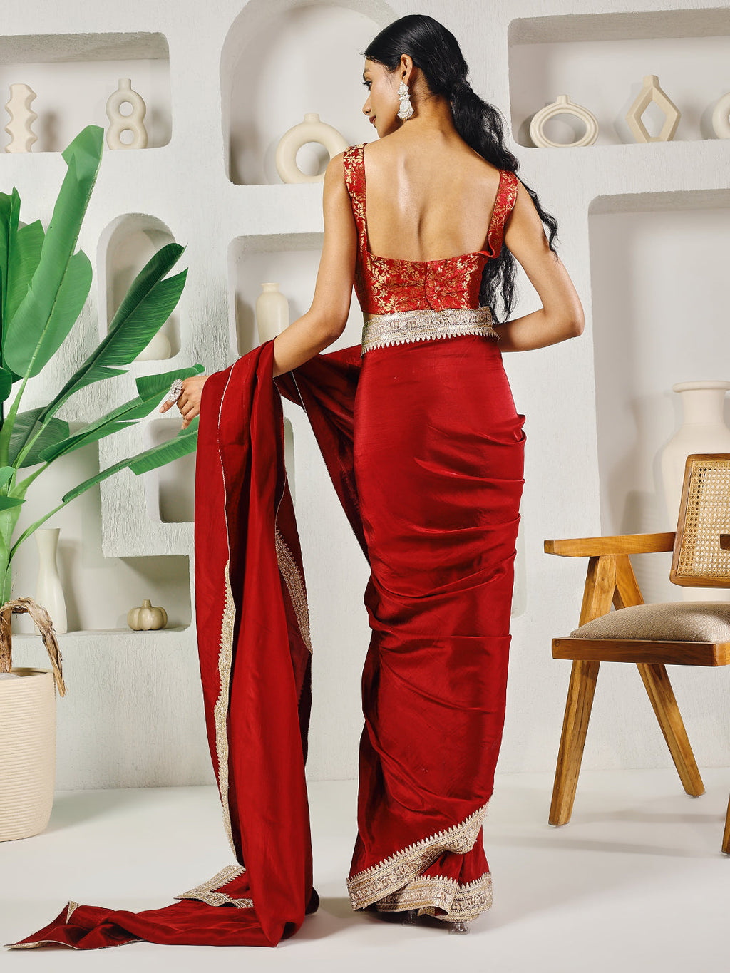Fab Fashion Red Upara Ready to Wear Saree With Blouse