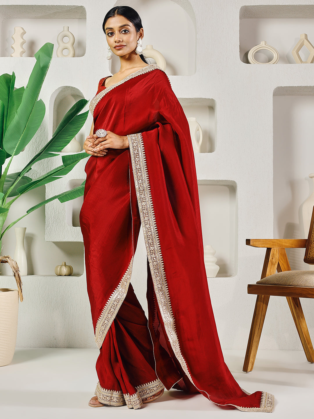 Fab Fashion Red Upara Ready to Wear Saree With Blouse