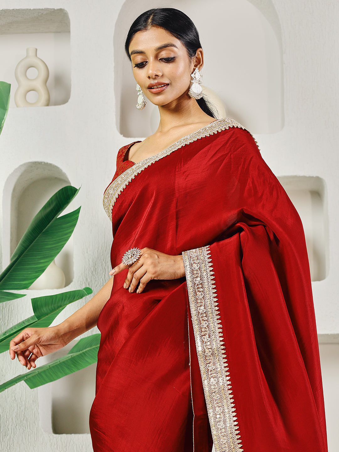 Fab Fashion Red Upara Ready to Wear Saree With Blouse