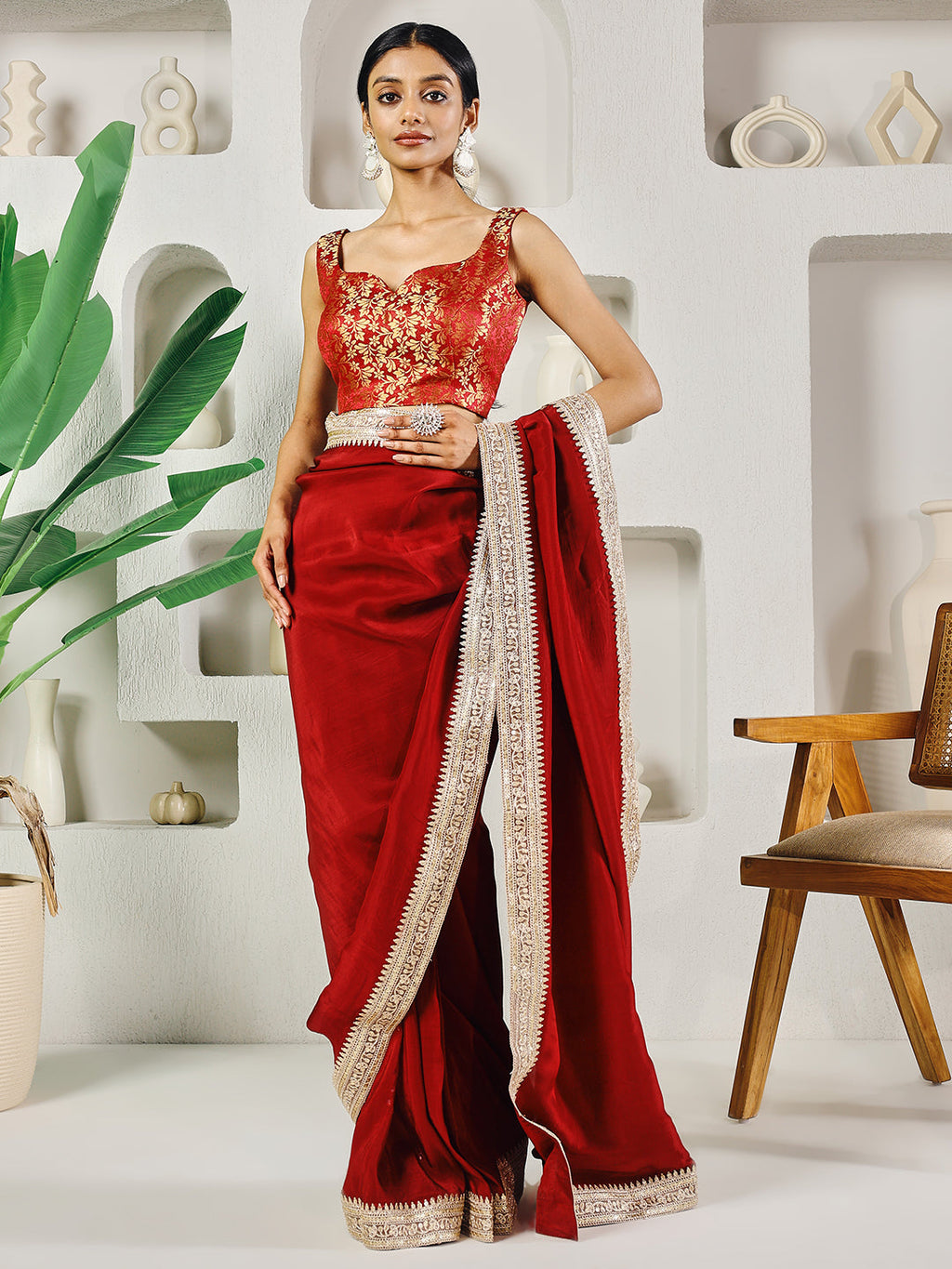 Fab Fashion Red Upara Ready to Wear Saree With Blouse