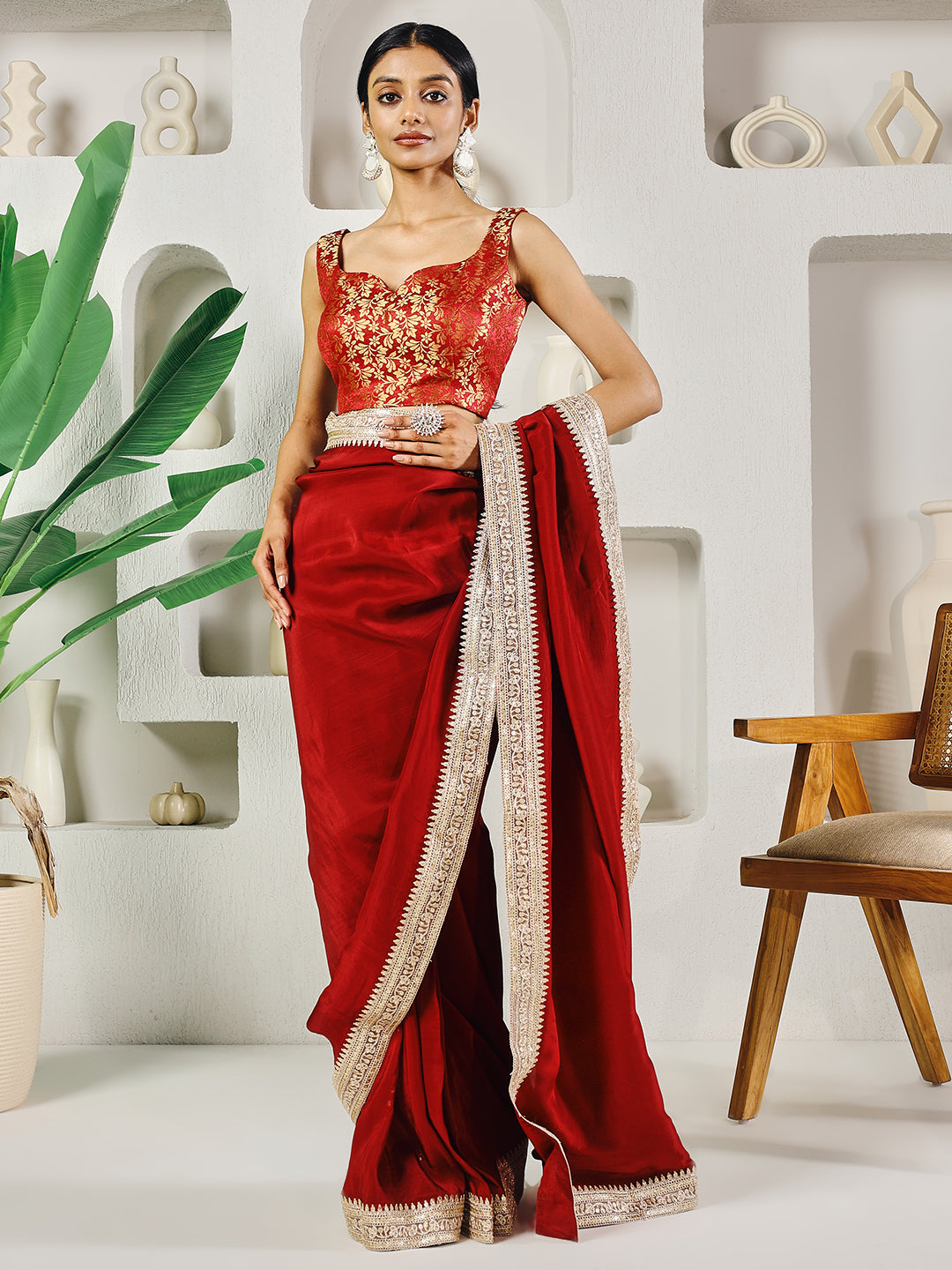 Fab Fashion Red Upara Ready to Wear Saree With Blouse