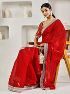 Fab Fashion Red Solid Ready to Wear Saree With Blouse