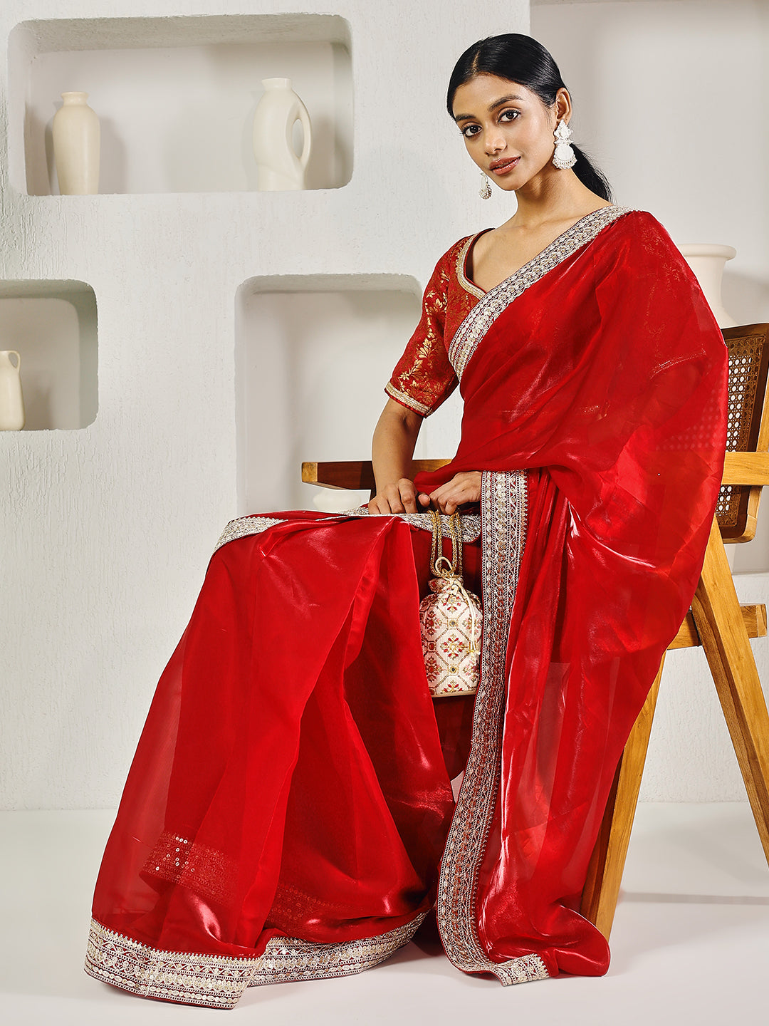 Fab Fashion Red Solid Ready to Wear Saree With Blouse