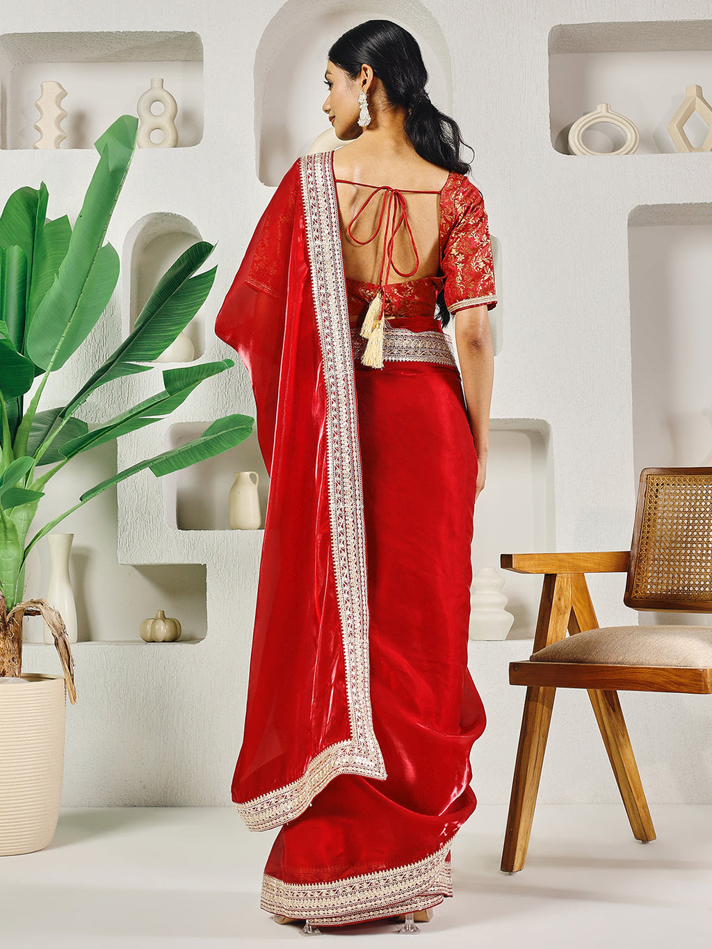 Fab Fashion Red Solid Ready to Wear Saree With Blouse