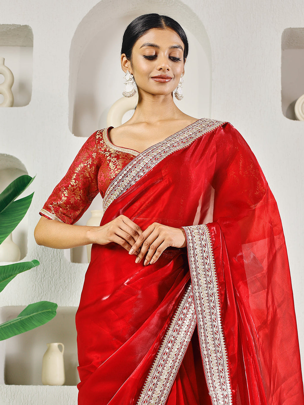 Fab Fashion Red Solid Ready to Wear Saree With Blouse