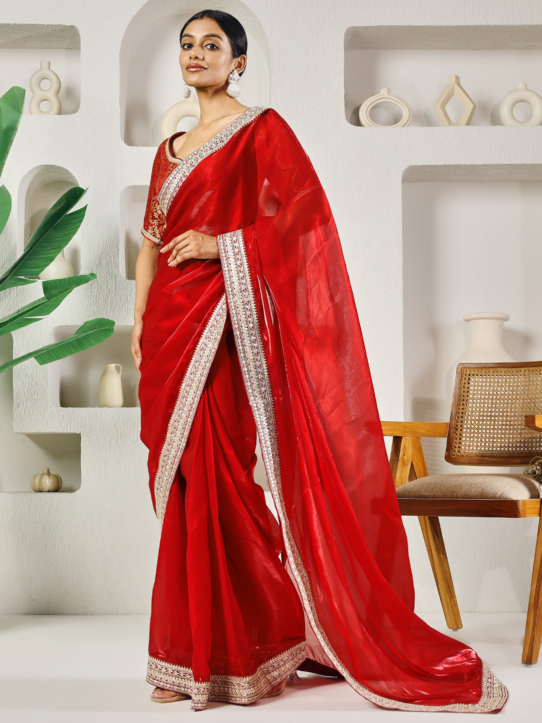 Fab Fashion Red Solid Ready to Wear Saree With Blouse