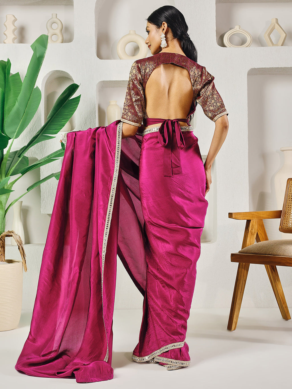 Fab Fashion Dark Purple Solid Ready to Wear Saree With Blouse