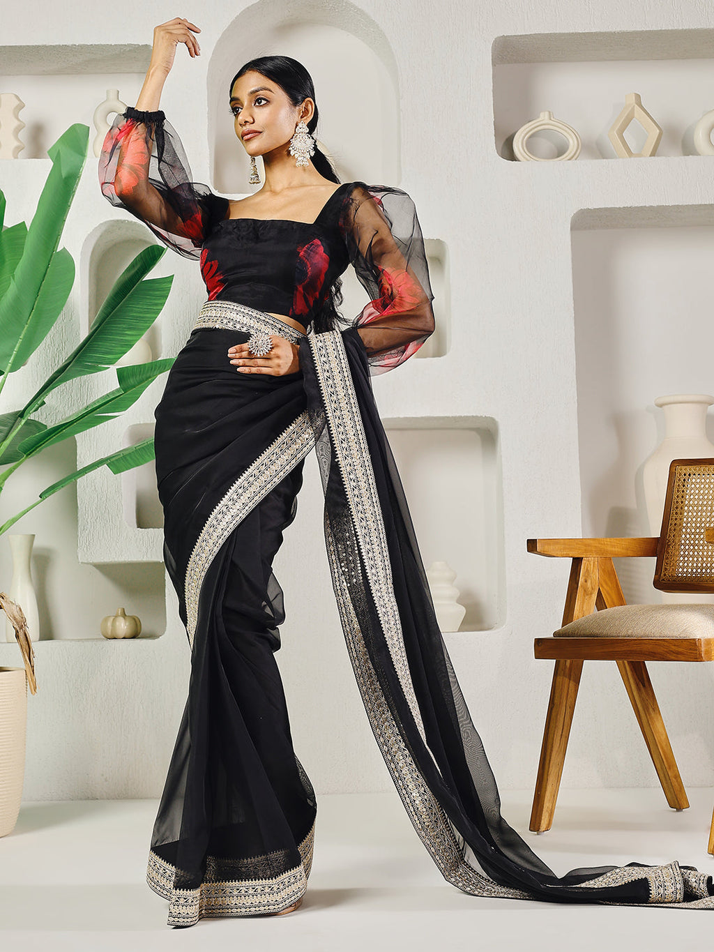 Fab Fashion Black Organza Ready to Wear Saree with Blouse