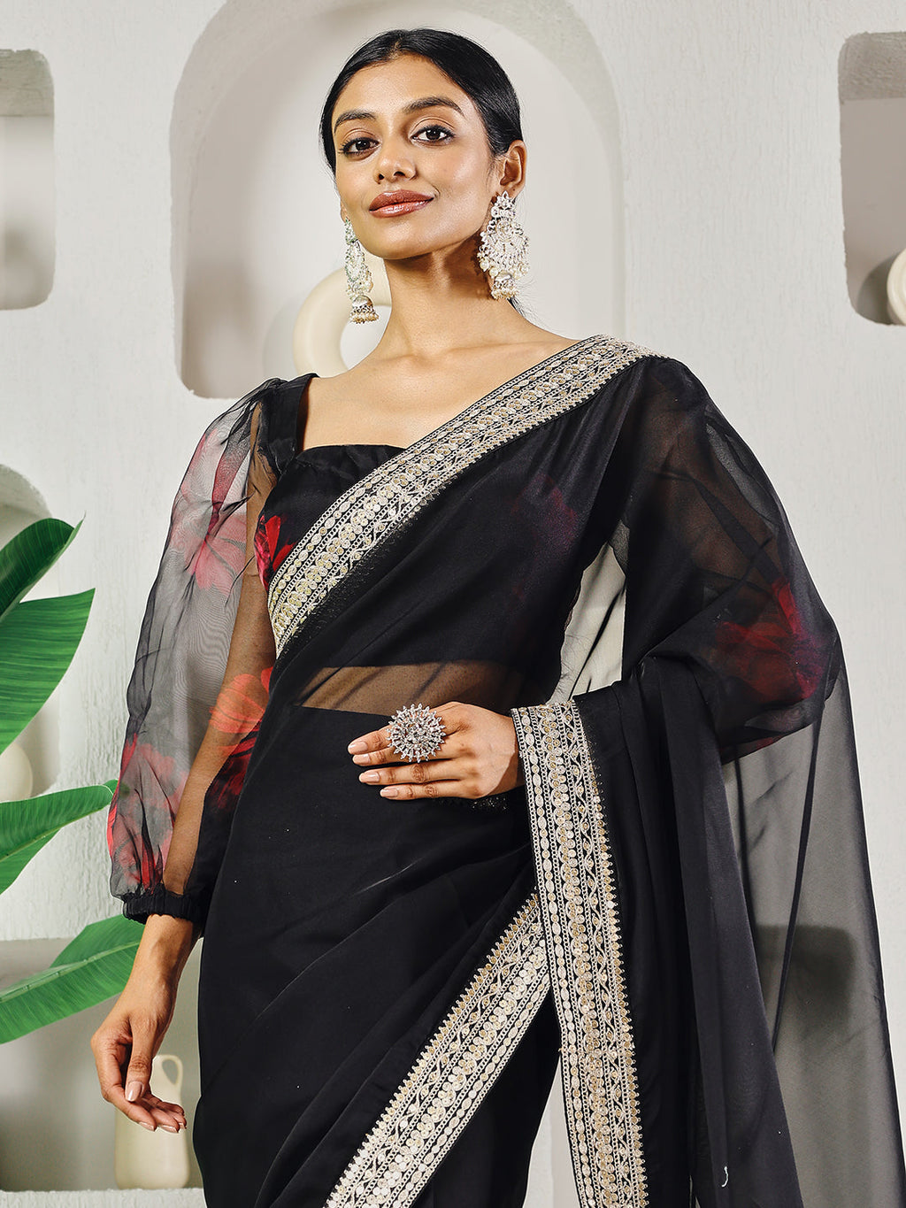Fab Fashion Black Organza Ready to Wear Saree with Blouse