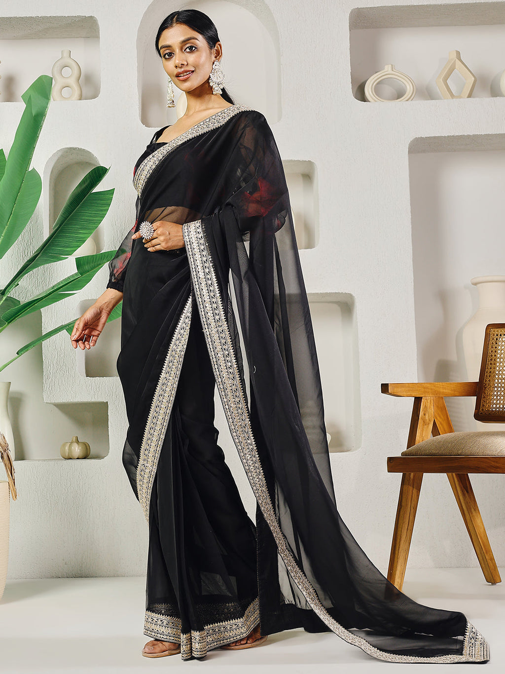 Fab Fashion Black Organza Ready to Wear Saree with Blouse