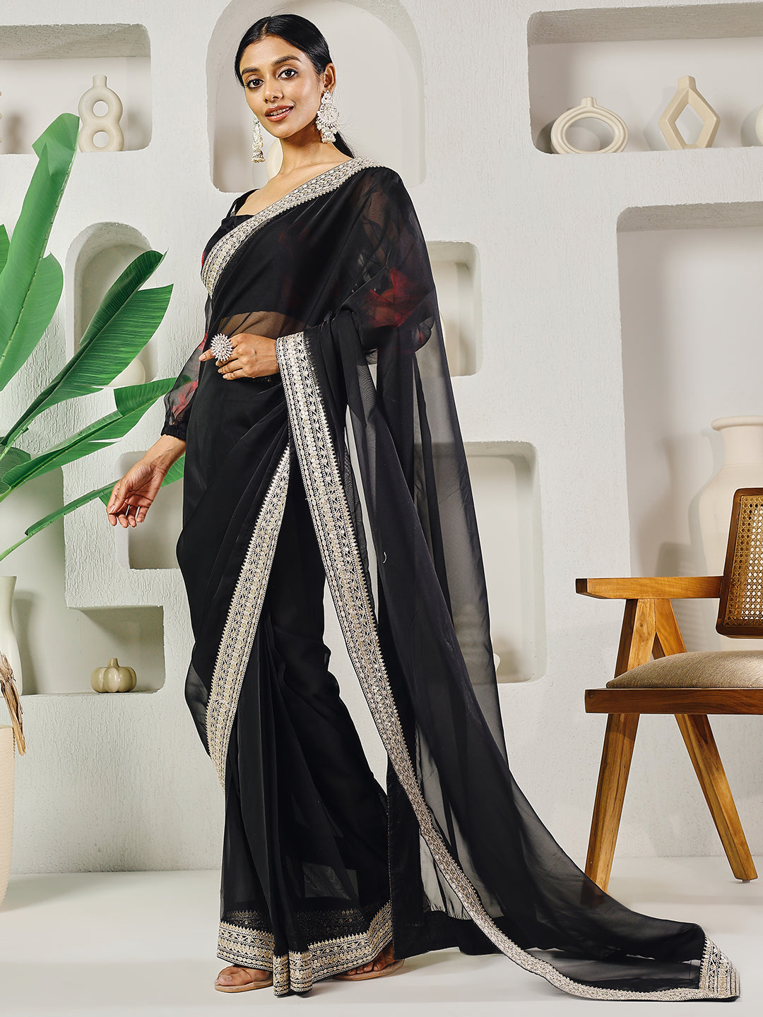 Fab Fashion Black Organza Ready to Wear Saree with Blouse