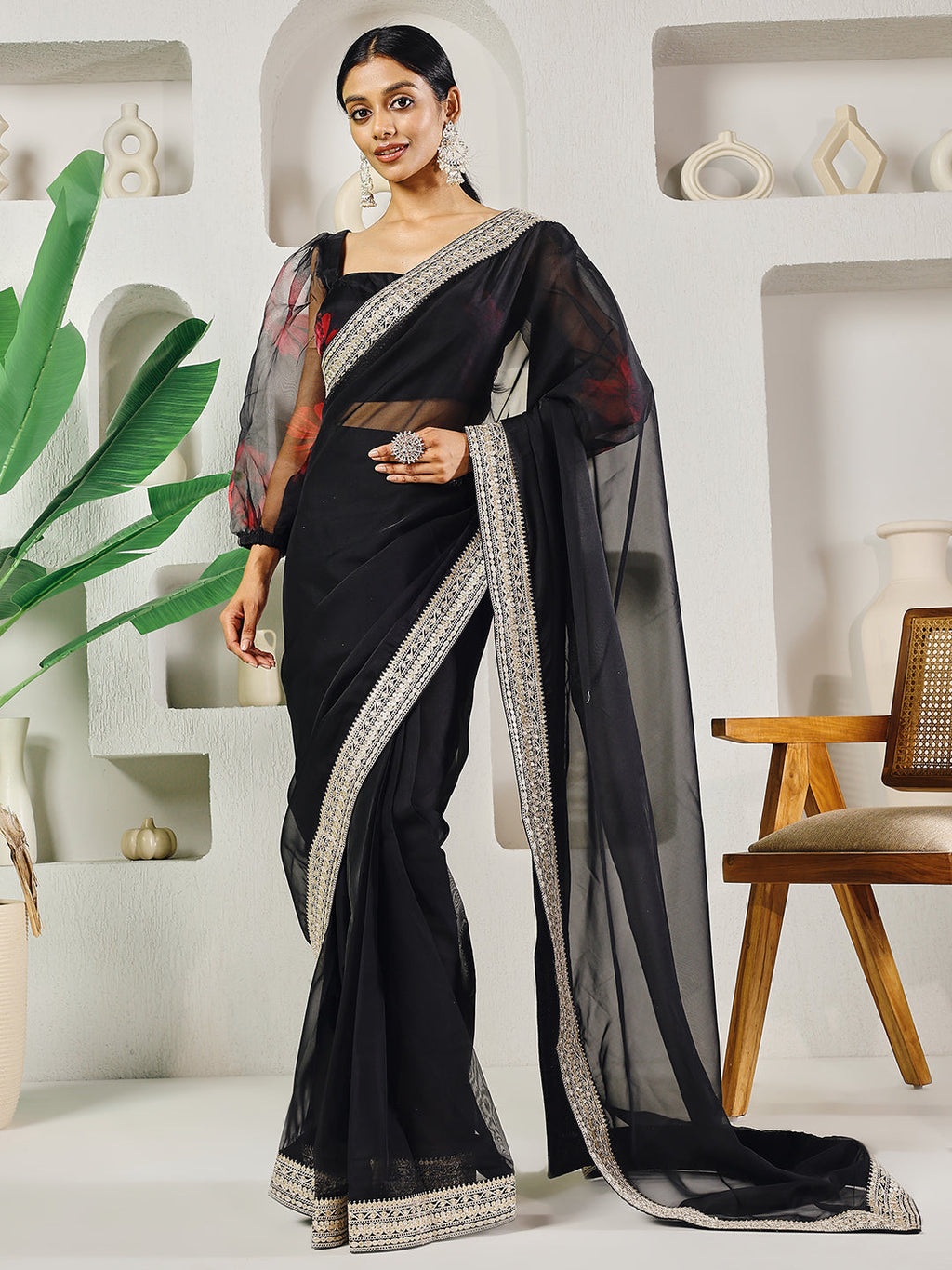 Fab Fashion Black Organza Ready to Wear Saree with Blouse