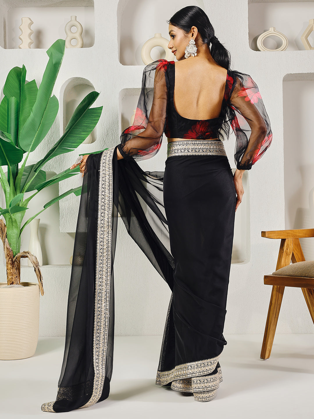 Fab Fashion Black Organza Ready to Wear Saree with Blouse