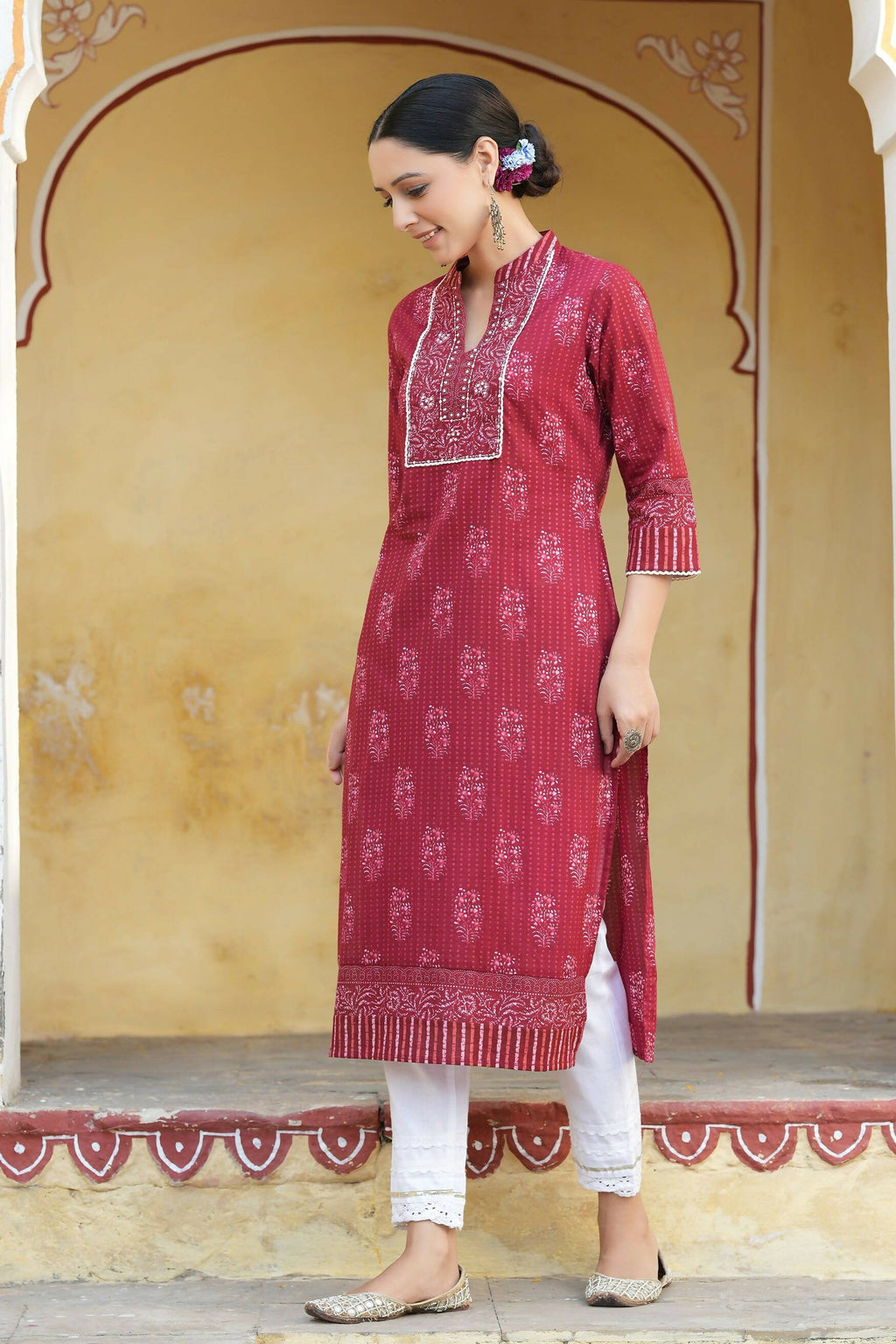 Juniper Women's Marron Cotton Cambric Floral Printed Straight Kurta - Distacart