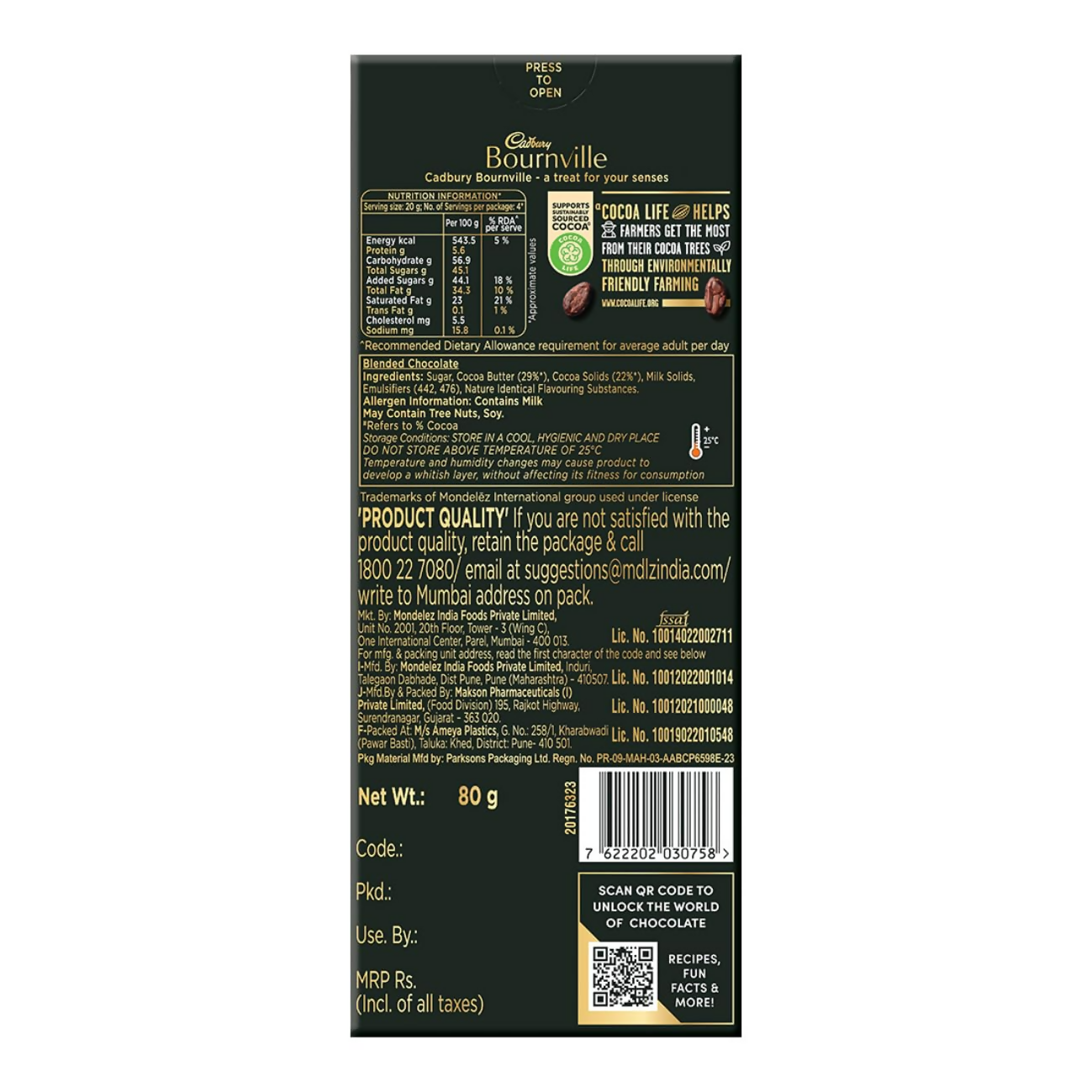 Cadbury Bournville Rich Cocoa Dark Chocolate Bar