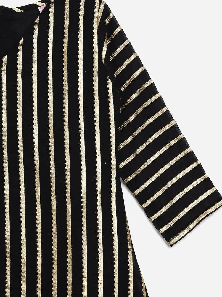 Ahalyaa Black Georgette Stripped Gold Printed Kids Kurta Pant Set For Girls